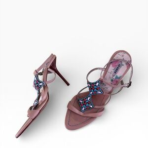 Le Silla Crystal Strappy Heels Nude Leather Italian Designer EU 39.5 / US 9-9.5